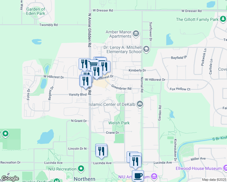 map of restaurants, bars, coffee shops, grocery stores, and more near 926 Greenbrier Road in DeKalb