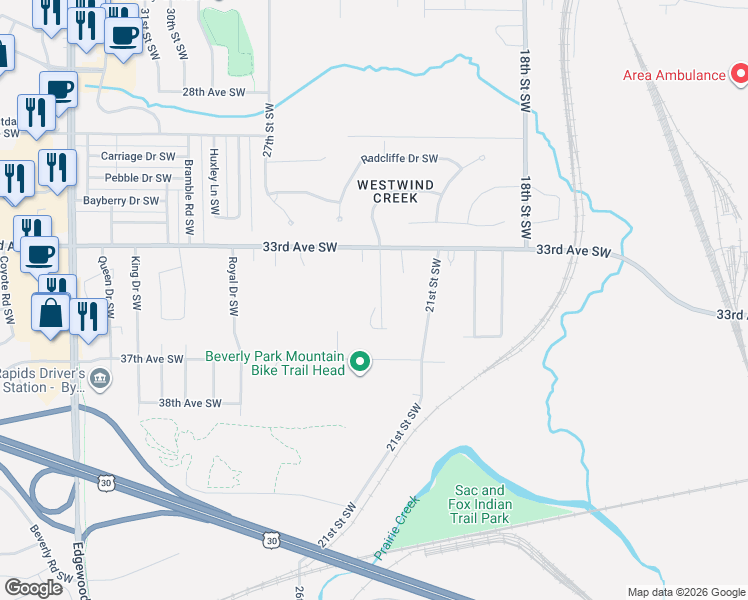 map of restaurants, bars, coffee shops, grocery stores, and more near 2133 33rd Avenue Southwest in Cedar Rapids