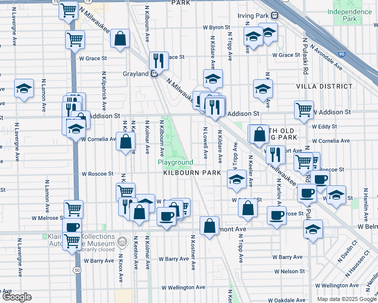 map of restaurants, bars, coffee shops, grocery stores, and more near 3500 North Kostner Avenue in Chicago