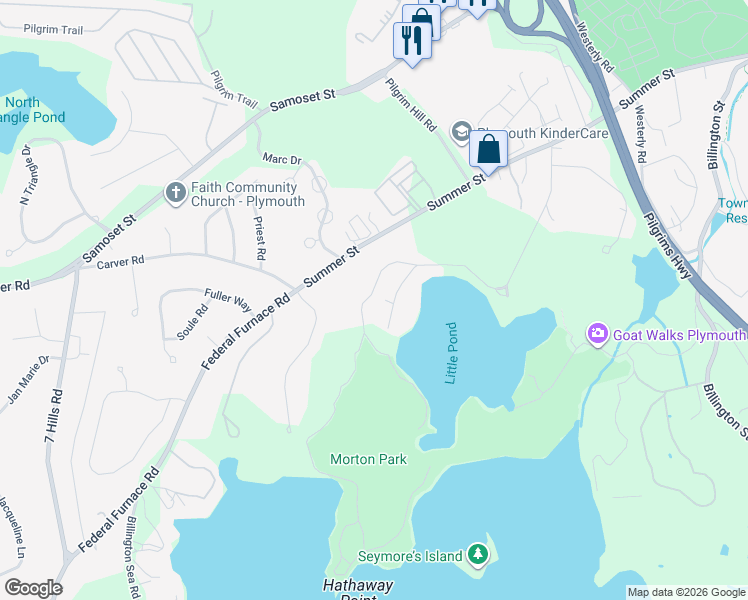 map of restaurants, bars, coffee shops, grocery stores, and more near 16 Little Pond Road in Plymouth