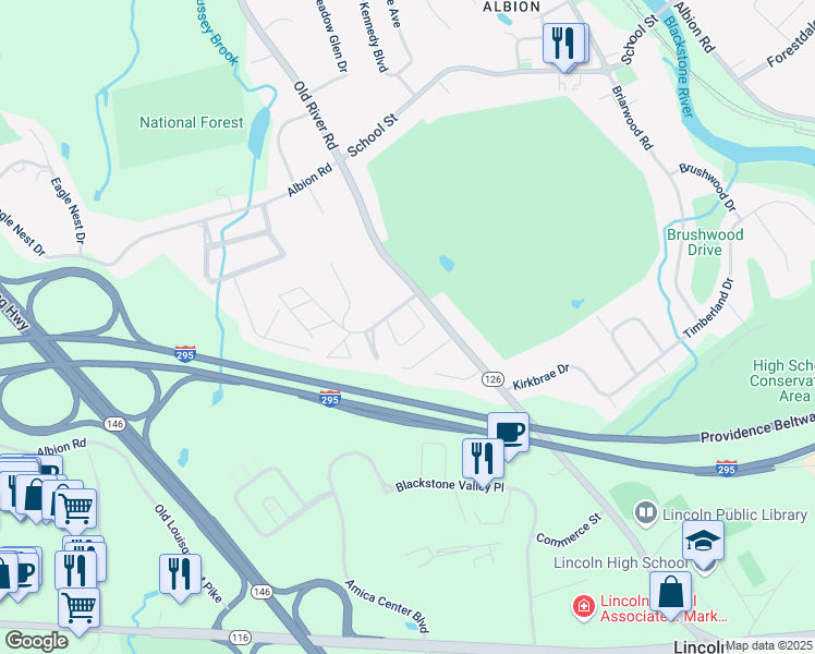 map of restaurants, bars, coffee shops, grocery stores, and more near 192 Old River Road in Lincoln