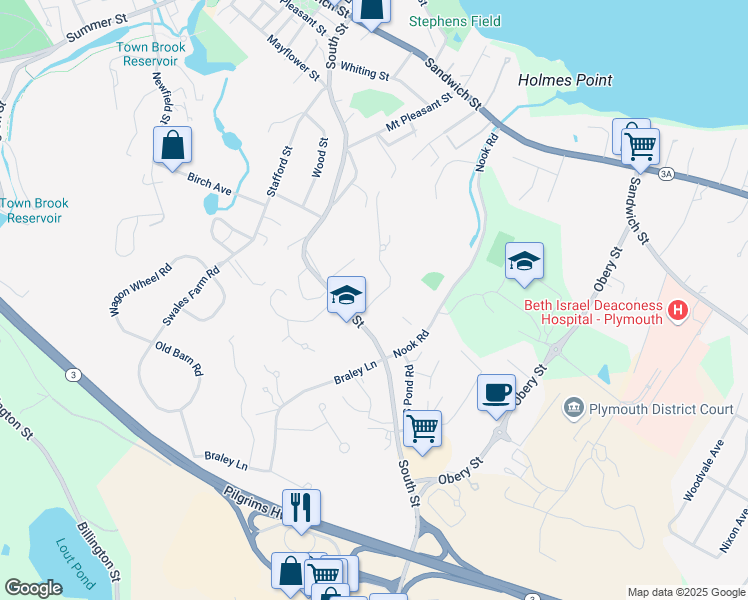 map of restaurants, bars, coffee shops, grocery stores, and more near 22 Leland Way in Plymouth