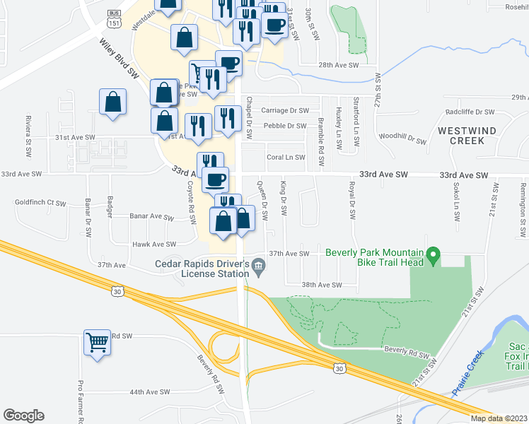 map of restaurants, bars, coffee shops, grocery stores, and more near 3425 Queen Drive Southwest in Cedar Rapids