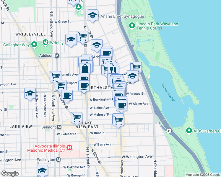map of restaurants, bars, coffee shops, grocery stores, and more near 630 West Roscoe Street in Chicago