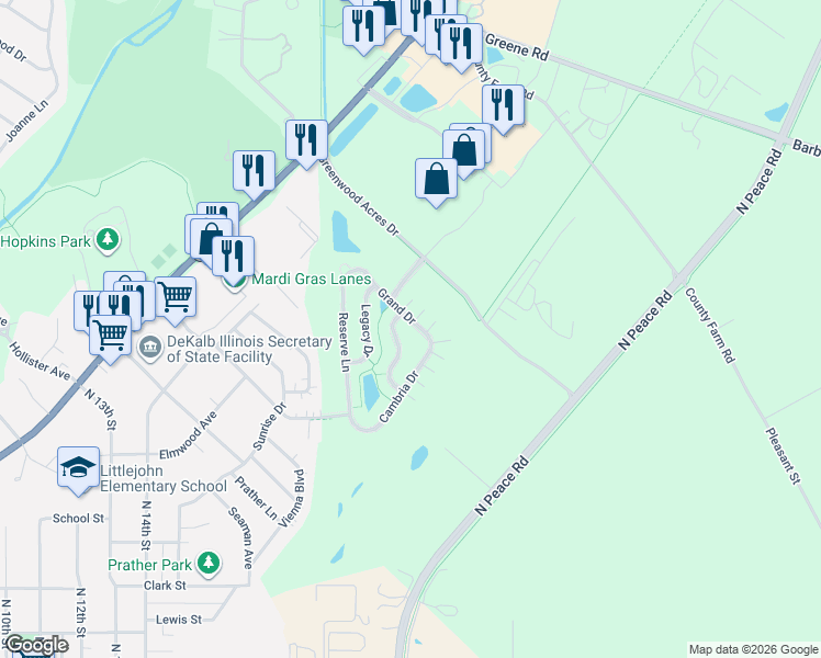 map of restaurants, bars, coffee shops, grocery stores, and more near 1526 Grand Drive in DeKalb