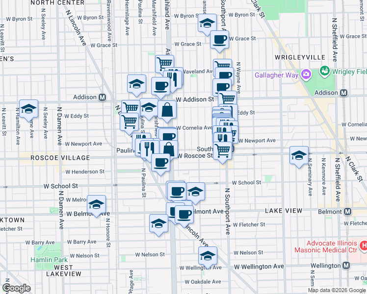 map of restaurants, bars, coffee shops, grocery stores, and more near 3418 North Bosworth Avenue in Chicago