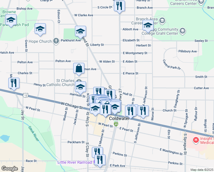 map of restaurants, bars, coffee shops, grocery stores, and more near 82 Grand Street in Coldwater