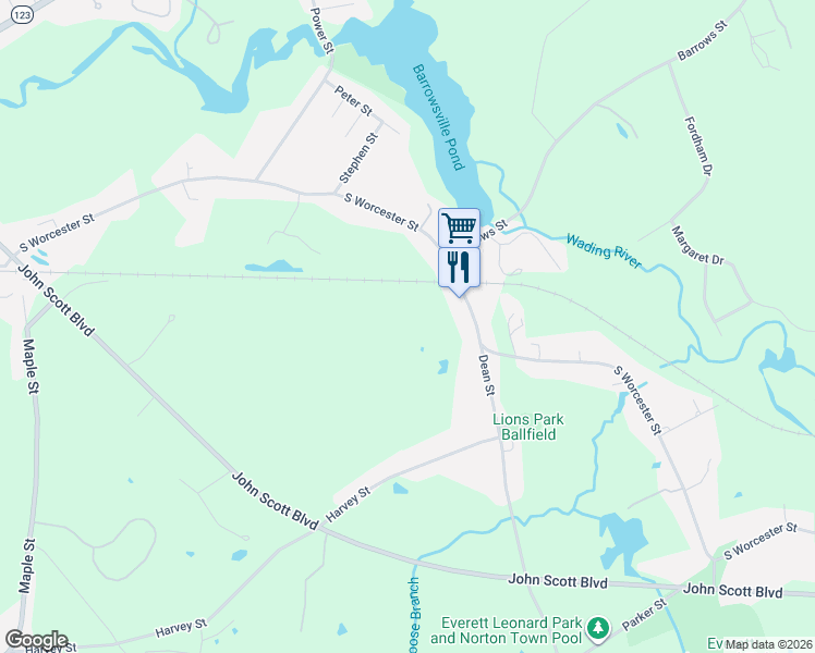 map of restaurants, bars, coffee shops, grocery stores, and more near 225 South Worcester Street in Taunton