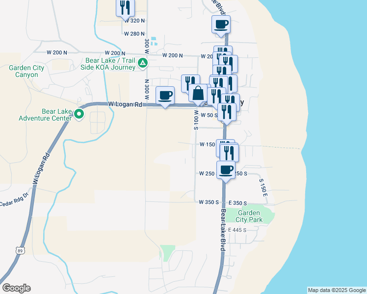 map of restaurants, bars, coffee shops, grocery stores, and more near 140 West 150 South in Garden City