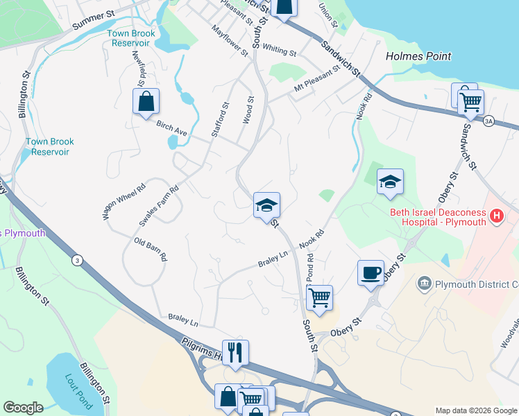map of restaurants, bars, coffee shops, grocery stores, and more near 4 Settler Road in Plymouth