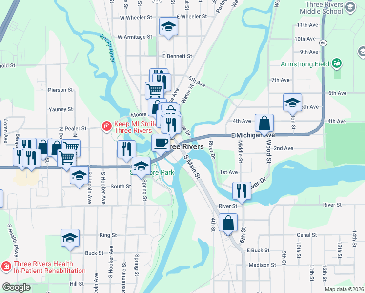 map of restaurants, bars, coffee shops, grocery stores, and more near in Three Rivers