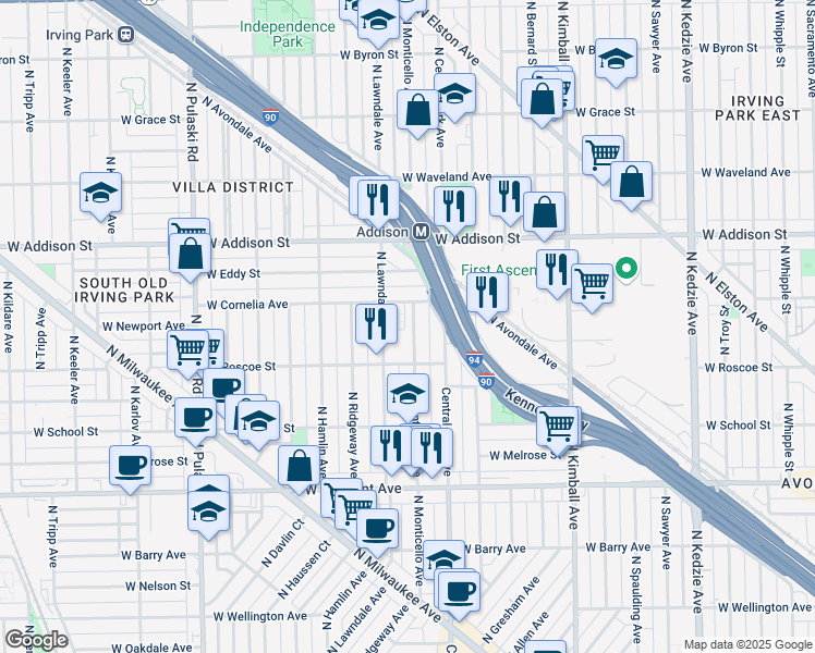 map of restaurants, bars, coffee shops, grocery stores, and more near 3455 North Monticello Avenue in Chicago