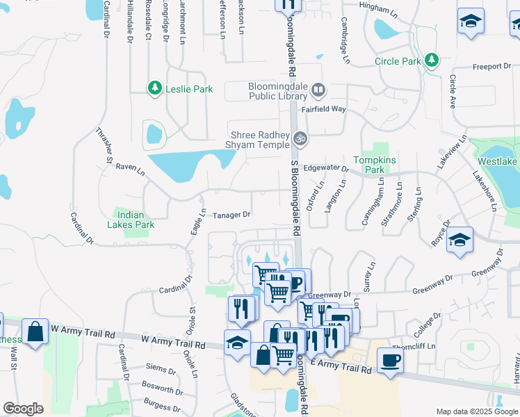 map of restaurants, bars, coffee shops, grocery stores, and more near 102 Tanager Drive in Bloomingdale