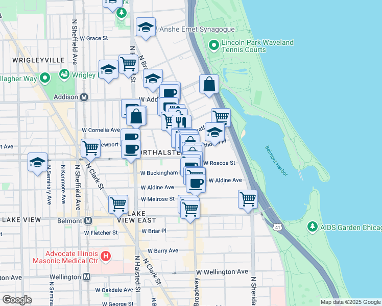 map of restaurants, bars, coffee shops, grocery stores, and more near 587 West Hawthorne Place in Chicago