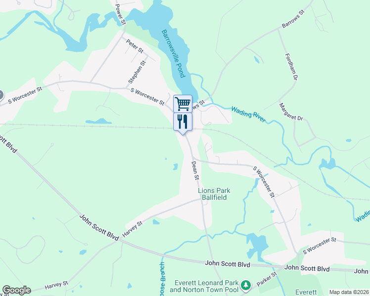 map of restaurants, bars, coffee shops, grocery stores, and more near 223 South Worcester Street in Taunton