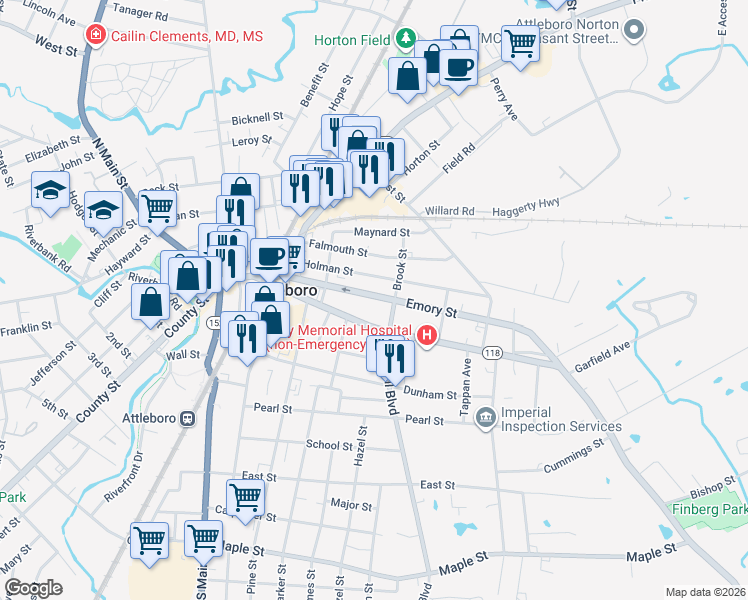 map of restaurants, bars, coffee shops, grocery stores, and more near 41 Emory Street in Attleboro