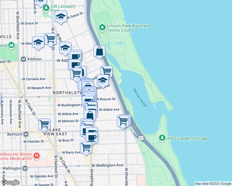 map of restaurants, bars, coffee shops, grocery stores, and more near 3470 North Lake Shore Drive in Chicago