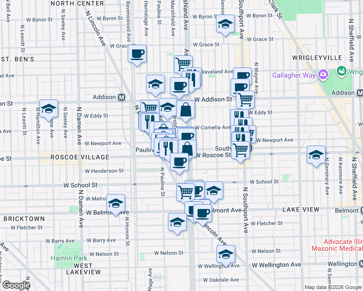 map of restaurants, bars, coffee shops, grocery stores, and more near 3421 North Marshfield Avenue in Chicago