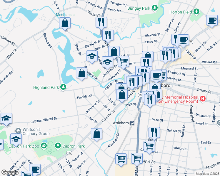 map of restaurants, bars, coffee shops, grocery stores, and more near 15 Cliff Street in Attleboro