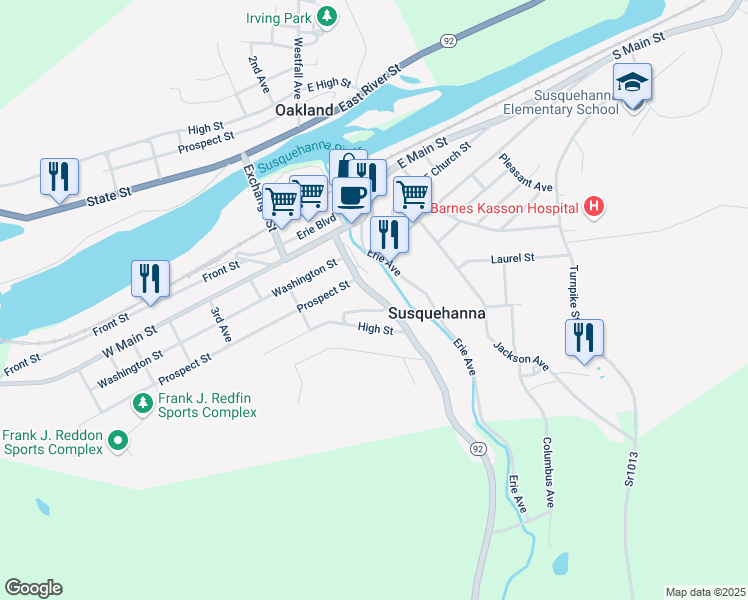 map of restaurants, bars, coffee shops, grocery stores, and more near 329 Franklin Avenue in Susquehanna
