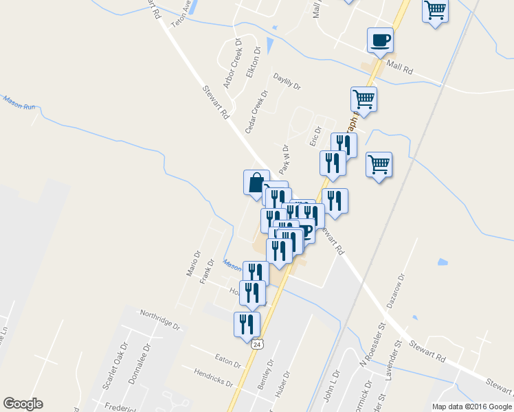 map of restaurants, bars, coffee shops, grocery stores, and more near 1513 Stewart Road in Monroe