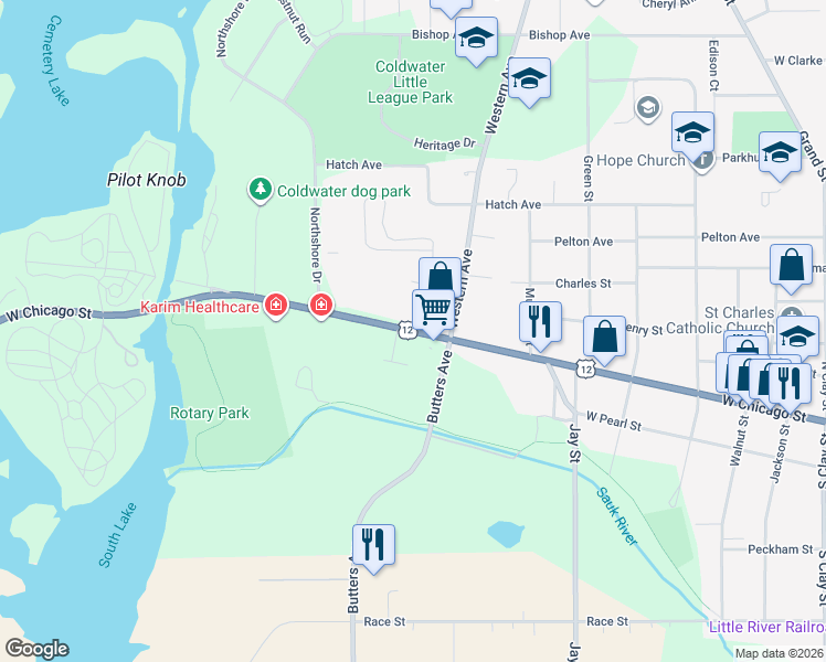 map of restaurants, bars, coffee shops, grocery stores, and more near 498 West Chicago Street in Coldwater