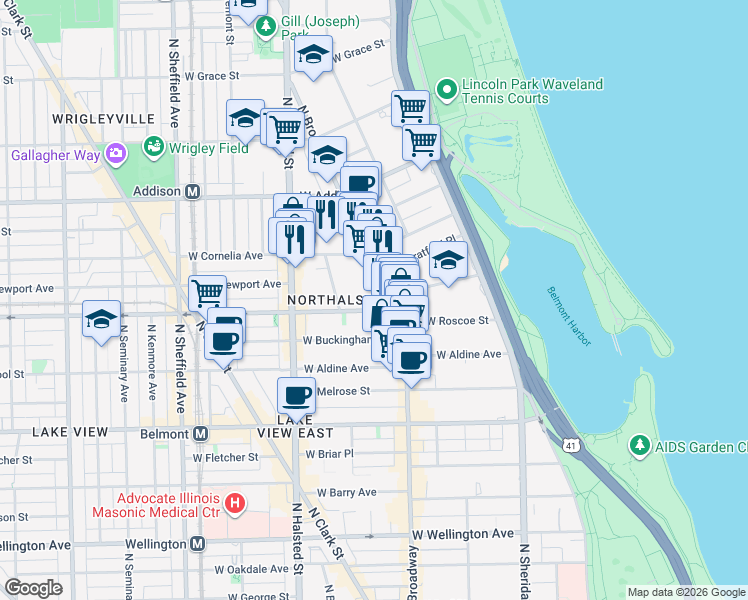 map of restaurants, bars, coffee shops, grocery stores, and more near 3421 North Elaine Place in Chicago