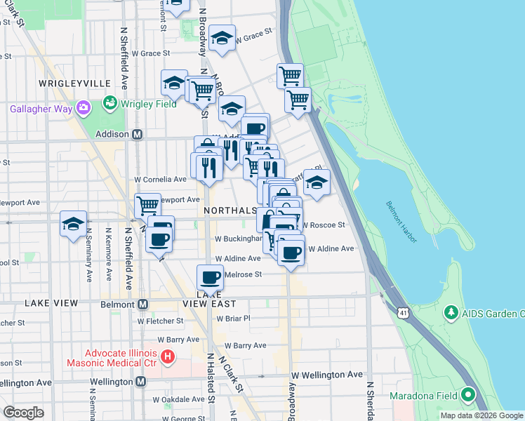 map of restaurants, bars, coffee shops, grocery stores, and more near 3421 North Elaine Place in Chicago