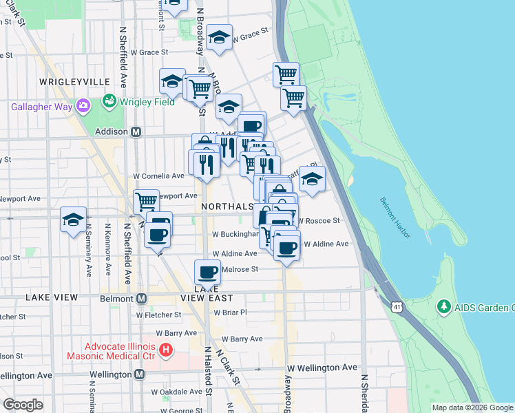 map of restaurants, bars, coffee shops, grocery stores, and more near 3421 North Elaine Place in Chicago