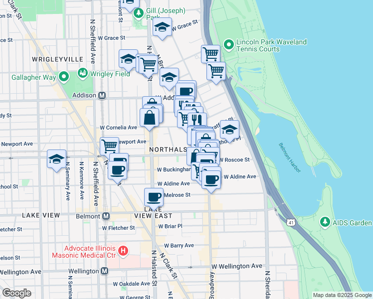 map of restaurants, bars, coffee shops, grocery stores, and more near 3421 North Elaine Place in Chicago