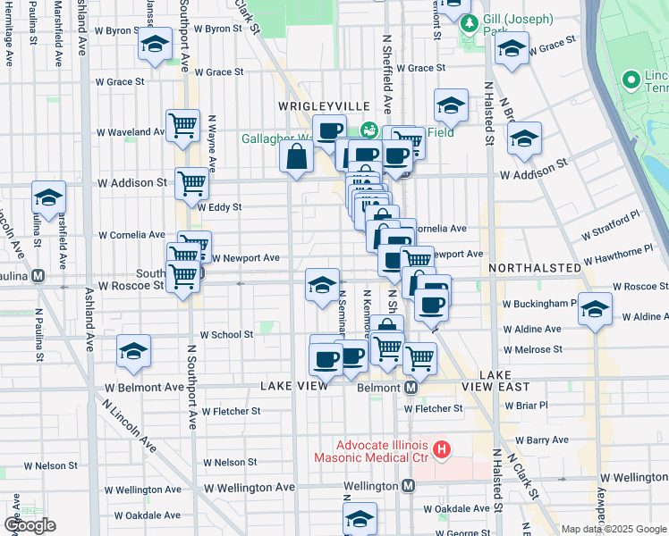 map of restaurants, bars, coffee shops, grocery stores, and more near 1108 West Newport Avenue in Chicago