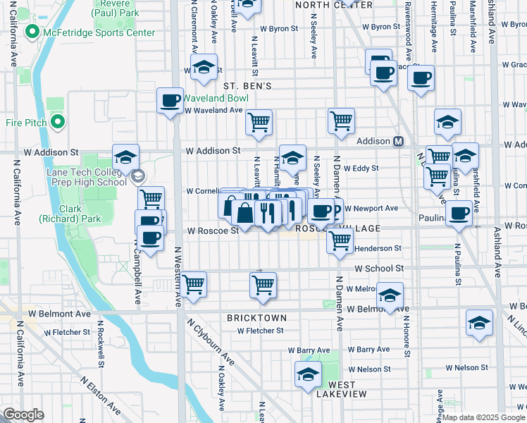 map of restaurants, bars, coffee shops, grocery stores, and more near 3444 North Hamilton Avenue in Chicago