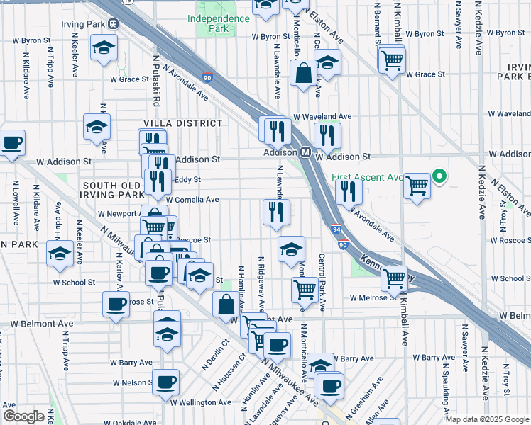 map of restaurants, bars, coffee shops, grocery stores, and more near 3737 West Cornelia Avenue in Chicago