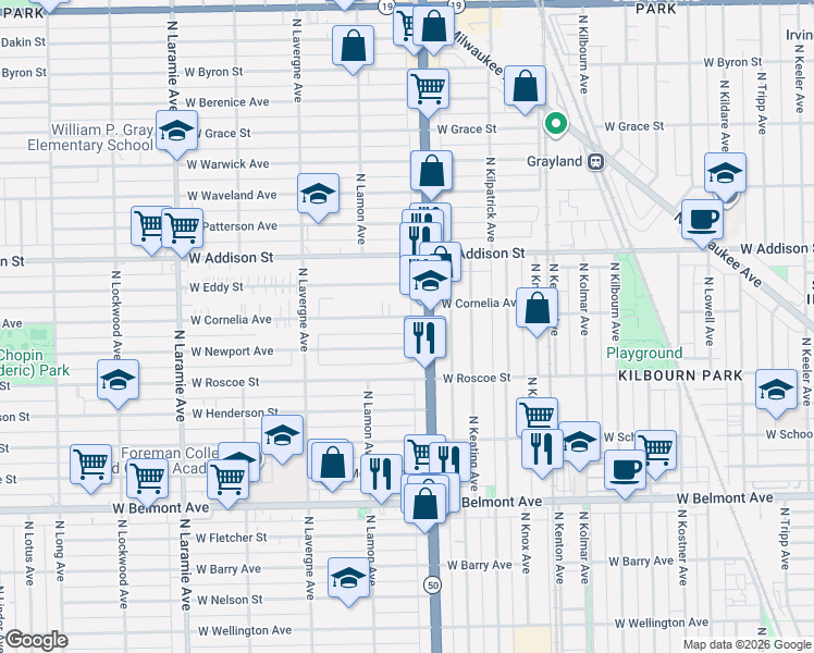 map of restaurants, bars, coffee shops, grocery stores, and more near 4834 West Cornelia Avenue in Chicago
