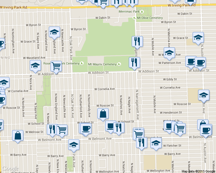 map of restaurants, bars, coffee shops, grocery stores, and more near 3524 North Neenah Avenue in Chicago