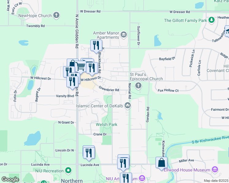 map of restaurants, bars, coffee shops, grocery stores, and more near 836 Greenbrier Road in DeKalb