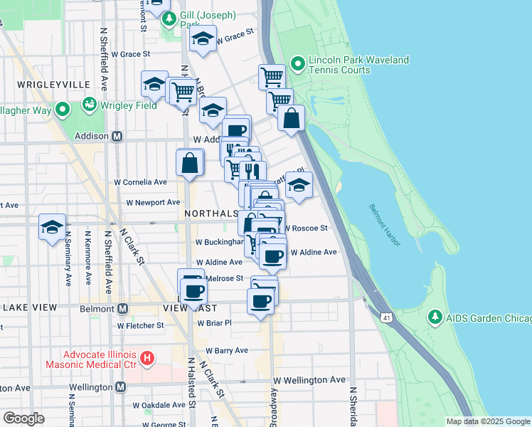map of restaurants, bars, coffee shops, grocery stores, and more near 587 West Hawthorne Place in Chicago