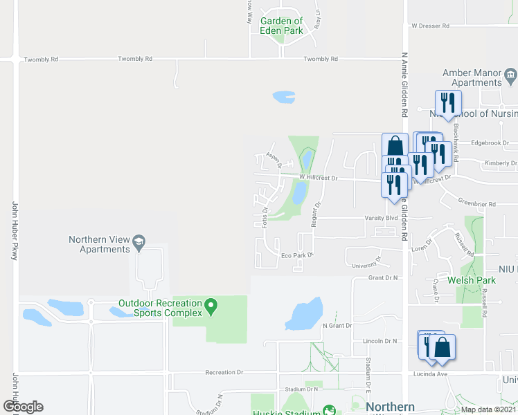map of restaurants, bars, coffee shops, grocery stores, and more near 875 Fotis Drive in DeKalb