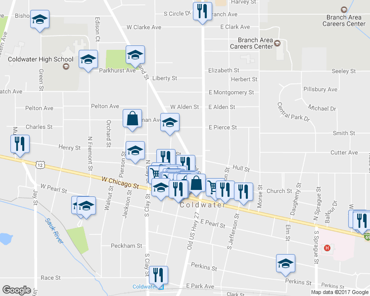 map of restaurants, bars, coffee shops, grocery stores, and more near 82 Grand Street in Coldwater