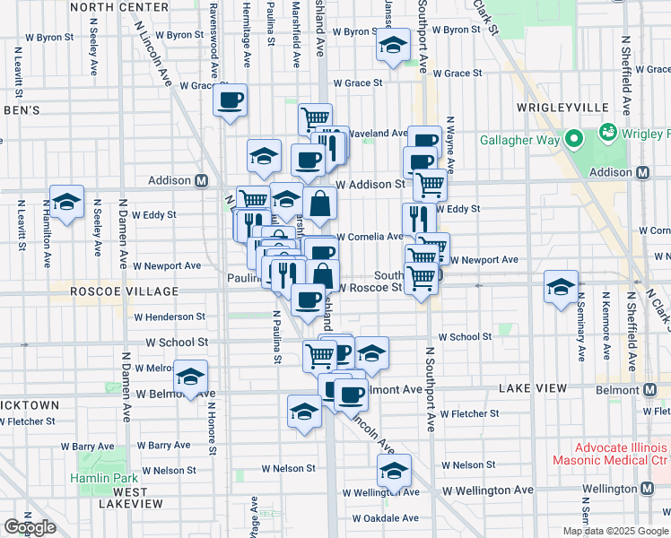 map of restaurants, bars, coffee shops, grocery stores, and more near 3421 North Ashland Avenue in Chicago