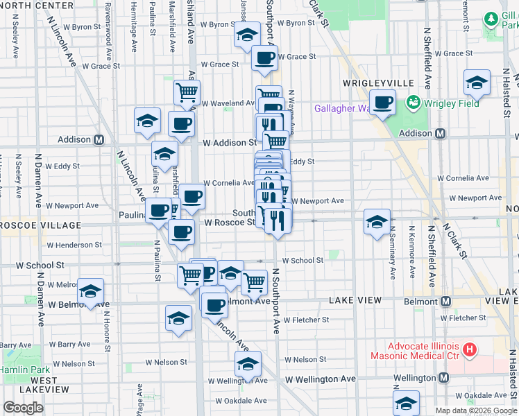 map of restaurants, bars, coffee shops, grocery stores, and more near 3421 North Janssen Avenue in Chicago