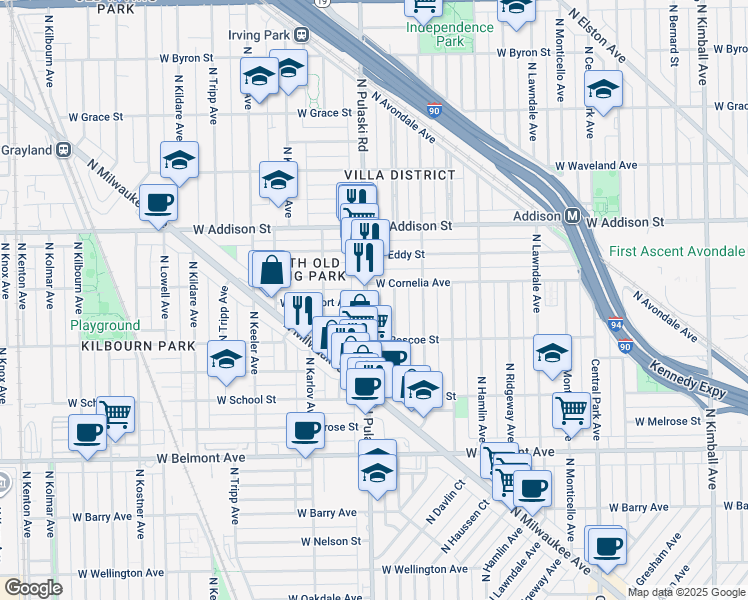 map of restaurants, bars, coffee shops, grocery stores, and more near 3460 North Pulaski Road in Chicago