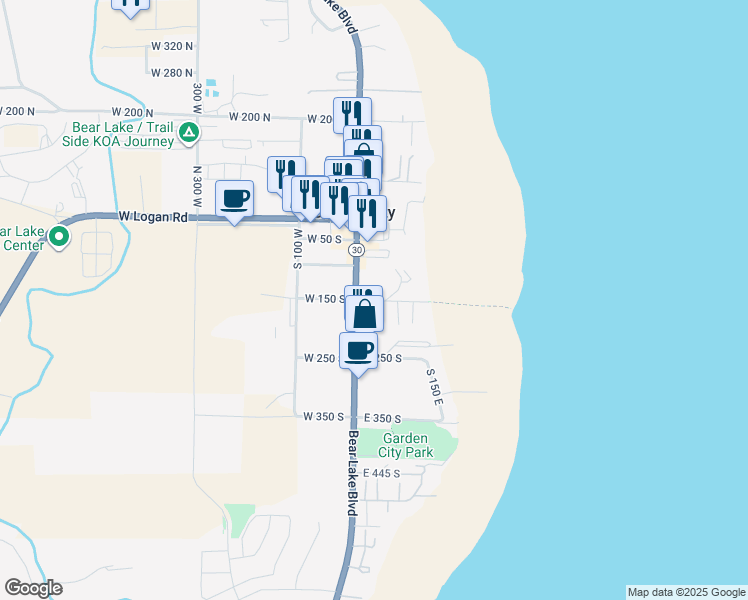 map of restaurants, bars, coffee shops, grocery stores, and more near 35 East 150 South in Garden City