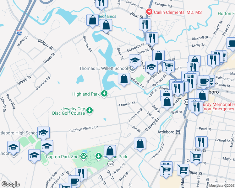 map of restaurants, bars, coffee shops, grocery stores, and more near 83 Mechanic Street in Attleboro