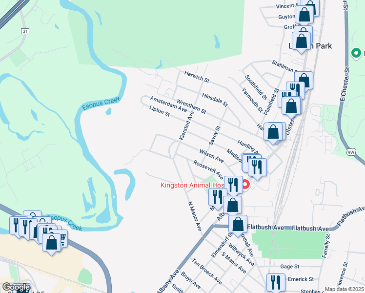 map of restaurants, bars, coffee shops, grocery stores, and more near 34 Kiersted Avenue in Kingston