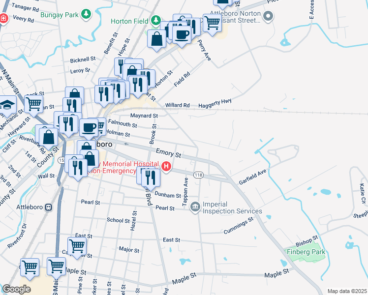 map of restaurants, bars, coffee shops, grocery stores, and more near 83 Holman Street in Attleboro