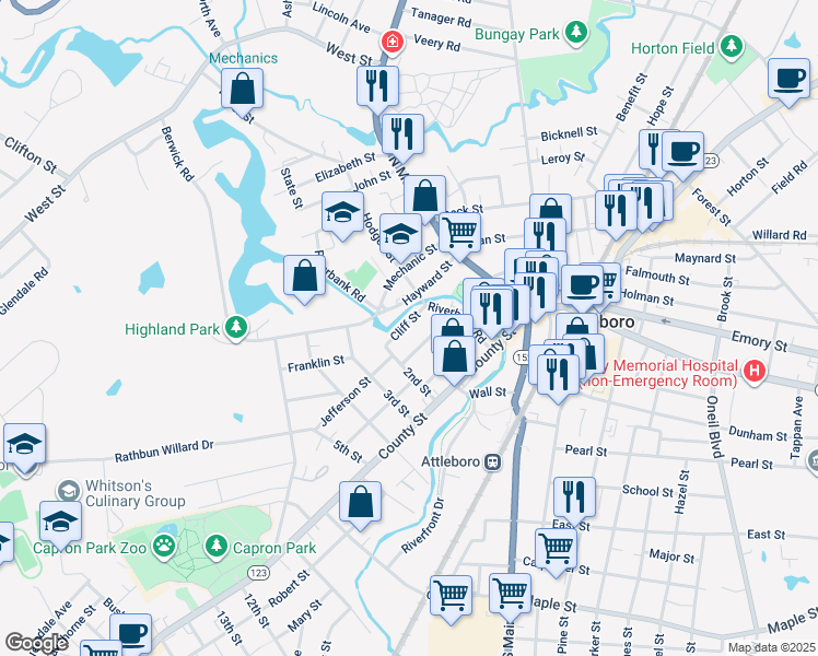 map of restaurants, bars, coffee shops, grocery stores, and more near 15 Cliff Street in Attleboro
