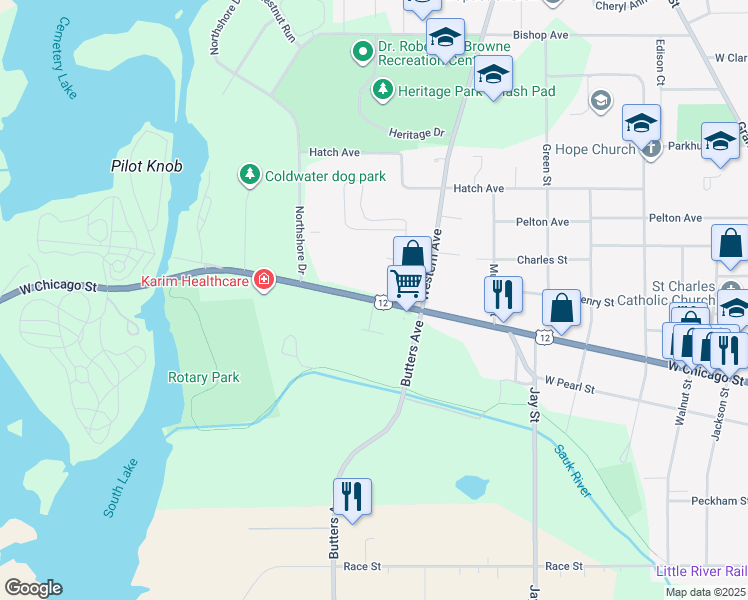 map of restaurants, bars, coffee shops, grocery stores, and more near 498 West Chicago Street in Coldwater