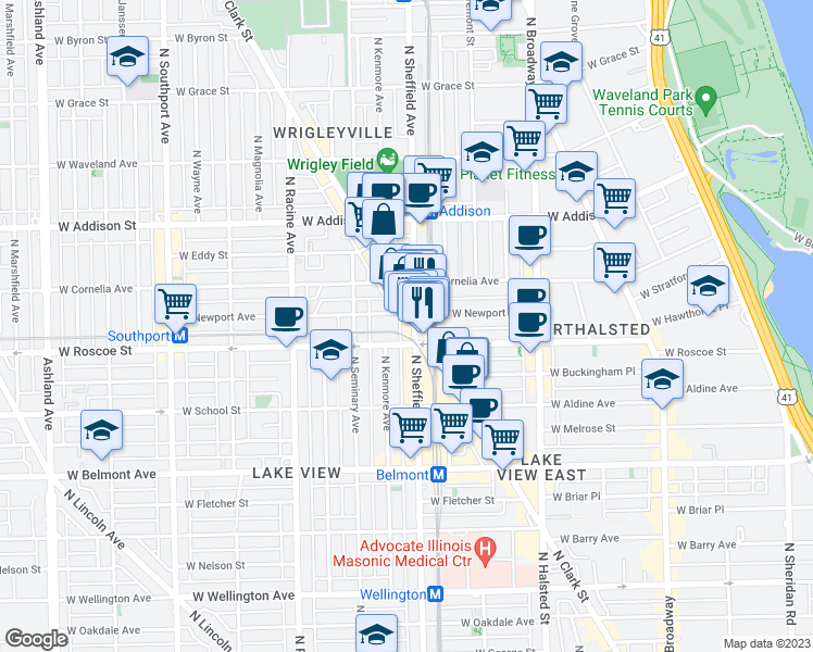 map of restaurants, bars, coffee shops, grocery stores, and more near 3433 North Sheffield Avenue in Chicago