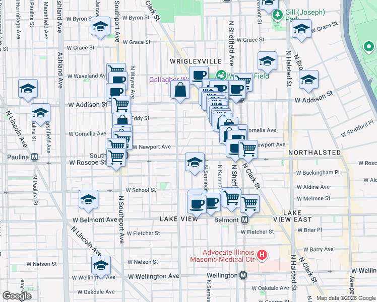 map of restaurants, bars, coffee shops, grocery stores, and more near 1150 West Newport Avenue in Chicago